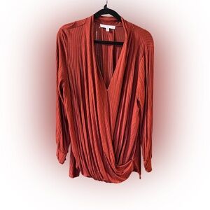 Long Sleeve Faux Wrap Rusty Orange Top with Front Snap